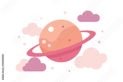 A stylized illustration of a planet with rings, surrounded by fluffy clouds and stars.
