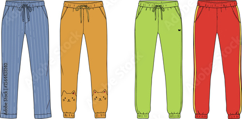 Colorful women’s casual pants, cute printed joggers, fashion flat sketch, drawstring waist, comfy loungewear, stylish home wear, illustration design flat vector illustration