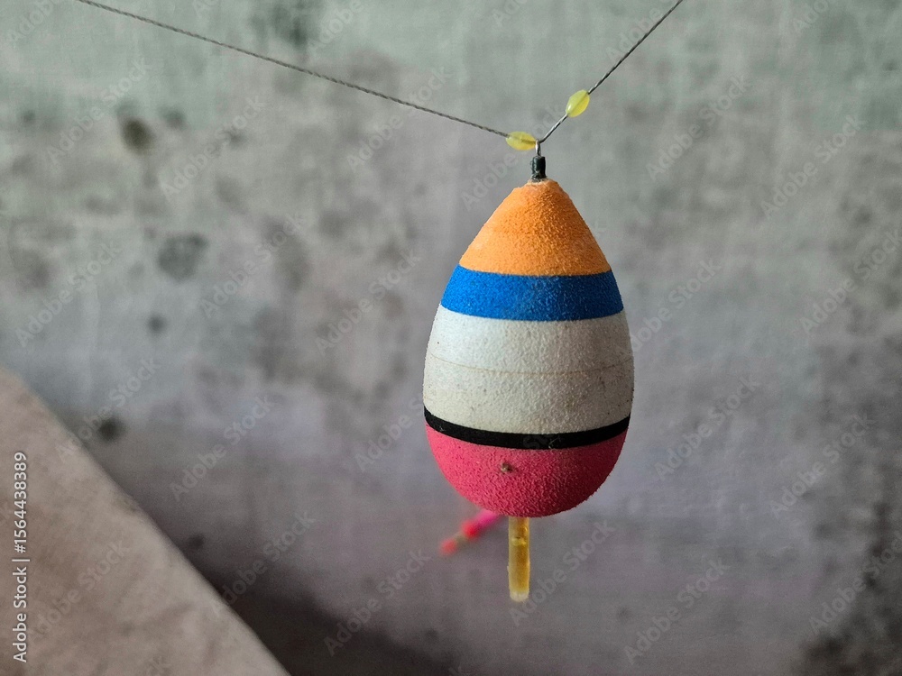 Obraz premium Close-up of colorful striped fishing float suspended on a line against a concrete wall background