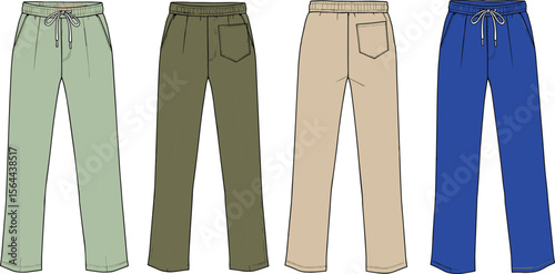 Four color casual men's drawstring pants, front and back view, vector fashion template, comfortable lounge trousers, elastic waist design flat vector illustration