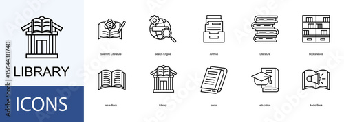 Library Management icon collection set. Containing Archive, Literature, Bookshelves, Book, Library icon.