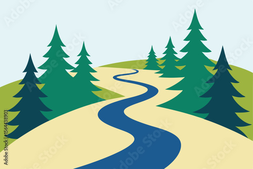 A winding river flows through a stylized green landscape with trees.