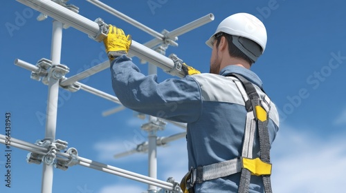 Skilled Worker Wearing Safety Gear Mounting Scaffolding in Bright Blue Sky on Construction Site