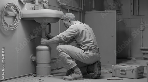 Skilled tradesman repairing plumbing under sink in monochrome workshop, showcasing craftsmanship and attention to detail