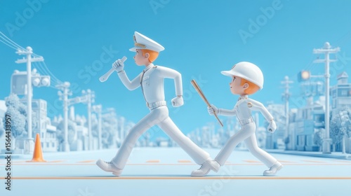 Cartoon Police Officer and Young Cadet Walking on a Cartoon Street in a Blue Urban Setting