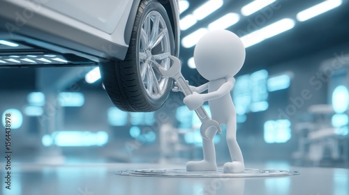 Cartoon Character Working on Car Tire with Wrench in Modern Garage Setting