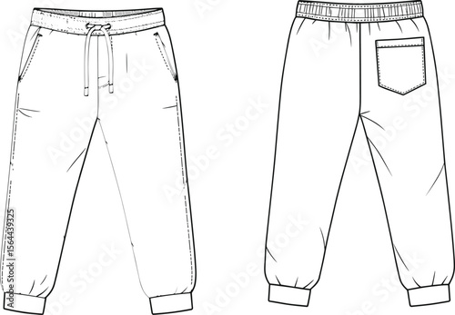 Flat sketch of jogger pants with drawstring waist, wide cuffs, back pocket, casual wear design, front and back views.