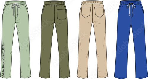  Men's casual lounge pants vector illustration, front and back view, multiple colors, drawstring waist, pocket detail, flat fashion template flat vector illustration