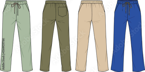 Mens casual pants vector template, front and back views, drawstring waist, relaxed fit, multiple colors, fashion flat sketch flat vector illustration