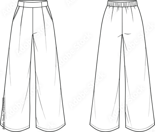 Flat technical sketch of wide leg palazzo pants with side pockets, front waistband, elastic back, casual fashion garment design vector.