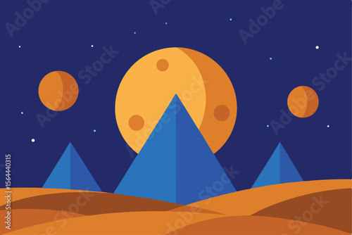 A stylized illustration of pyramids in a desert landscape under a night sky with a large moon and planets.