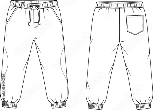 Jogger pants technical fashion sketch with side panel design, ribbed hem, drawstring waist, back pocket, front and back view.