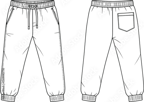 Technical flat sketch of jogger pants with ribbed cuffs, drawstring waistband, pocket detail, front and back view illustration.
