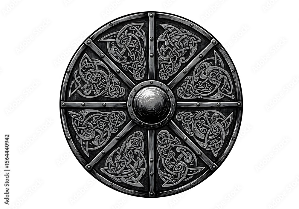 Naklejka premium Intricate Celtic Knotwork Viking Shield Design: A Masterpiece of Ancient Nordic Metalwork