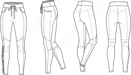 Technical flat sketch of women’s sport leggings with drawstring waist, side panels, back yoke, contour seams, activewear vector illustration