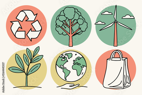 Six colorful icons represent ecology, environment, and nature concepts