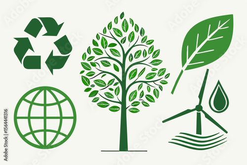 Green icons represent ecology, environment, and nature concepts
