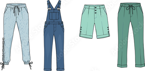  Trendy women’s casual wear pants, denim overalls, button shorts, stylish trousers, fashion flat sketch, clothing design, apparel illustratione flat vector illustration