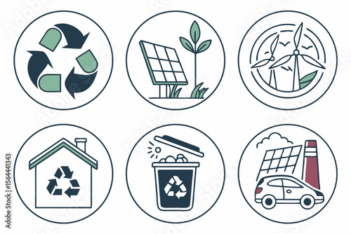 Illustrations depict recycling, solar panels, and wind turbines