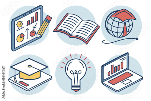 Icons depict online education, research, and academic success