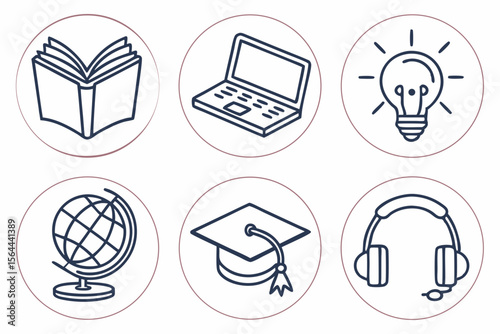 Icons symbolize online education, global learning, and digital communication