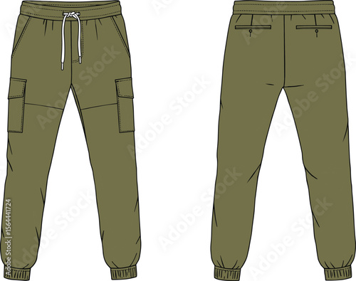  Vector illustration of cargo jogger pants for men, featuring front and back view, drawstring waist, zipper pockets, stylish design flat vector illustration