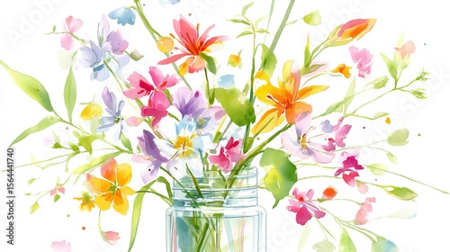 A delicate watercolor painting of vibrant wildflowers bursting from a glass jar celebrating nature s beauty with soft