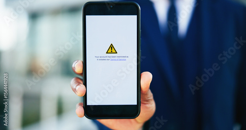 Tableau sur toile Business person, hands and phone screen with warning message for restricted access or notification