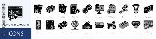 Casino and Gambling icon collection set. Containing Domino, Money, Blackjack, Poker Chip, dices icon.