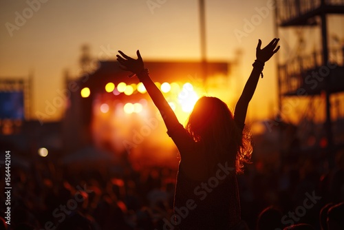 Young girl enjoys a rock concert, Silhouette on sunset, hands up on openair. High quality