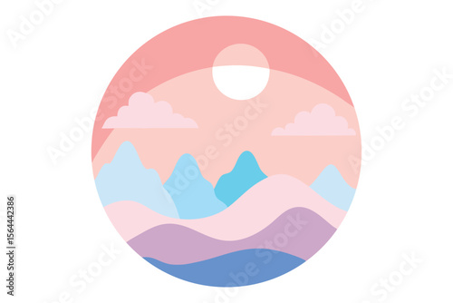 Pastel Dreamscape Minimalist Mountain Scene with Sunset Illustration in Soft Tones