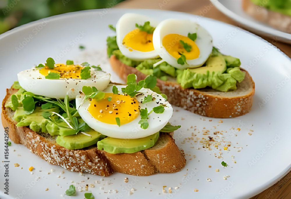 Healthy avocado toast topped with soft-boiled egg, microgreens, and sesame seeds. Served on sourdough bread, placed on white ceramic plate with natural lighting. Healthy avocado toast topped with soft-boiled egg, microgreens, and sesame seeds. Served on sourdough bread, placed on white ceramic plate with natural lighting.
