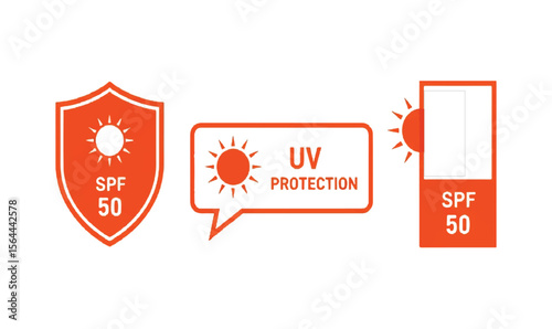 SPF 50 UV protection sunblock label icons on white background