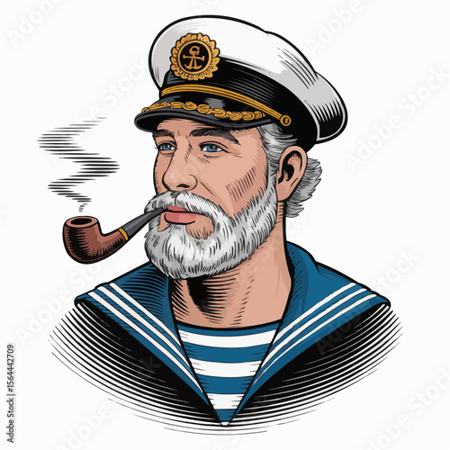 Bearded Sailor Captain in Pipe and Uniform 