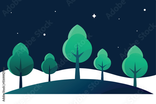 Serene nighttime landscape featuring stylized green trees on a gently rolling hill under a starry sky.