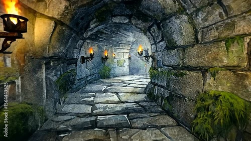 Dimly lit stone corridor with torches and moss, evoking a mysterious underground atmosphere