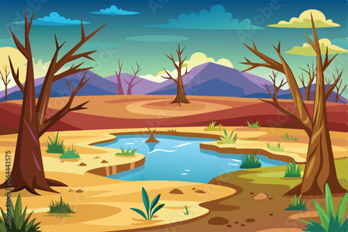 Serene Desert Oasis Arid Landscape Illustration Featuring a Tranquil Water Source