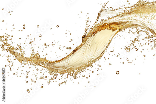 Dynamic golden liquid splash, fluid motion, abstract wave, drink pour, beverage stream, water ripple, isolated on transparent background