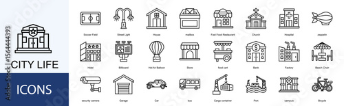 City Life icon collection set. Containing Soccer Field, Street Light, House, Fast Food Restaurant, Church, Hospital, icon.