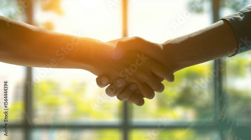 Two business professionals shaking hands in a modern office