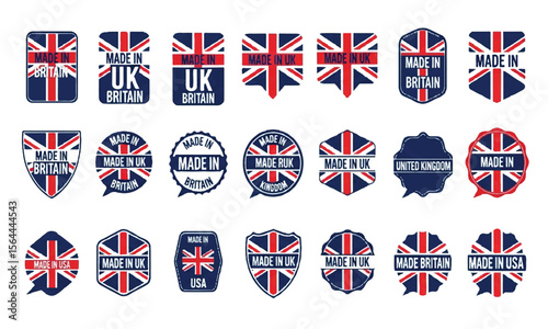 Set of vector emblems "Made in UK Britain" with flag of Great Britain