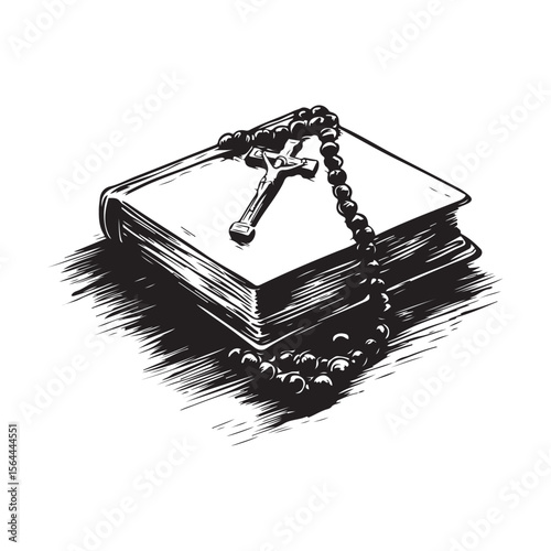 Wooden Rosary Beads with a Wooden Cross Pendant Resting on Top of a Holy Book Vector