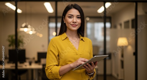 Portrait of a woman in yellow shirt holding a tablet in an office space