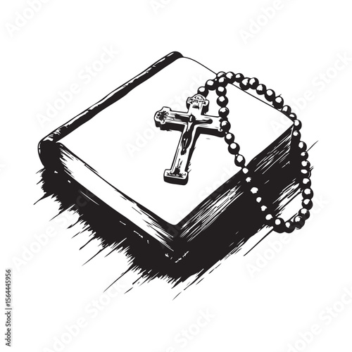 Wooden Rosary Beads with a Wooden Cross Pendant Resting on Top of a Holy Book Vector