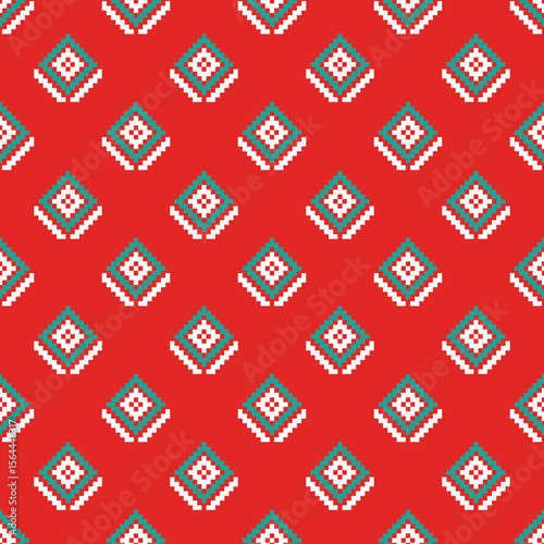 Red Geometric Thai Textile with Diamond Pixel Motifs | Ethnic Pattern Design