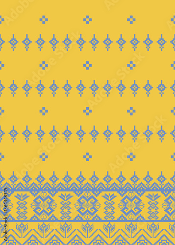 Yellow Thai Textile with Blue Geometric Motifs | Traditional Ethnic Fabric Pattern