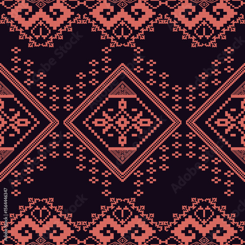 Dark Thai Textile with Coral Diamond Motifs Ethnic Geometric Fabric Pattern