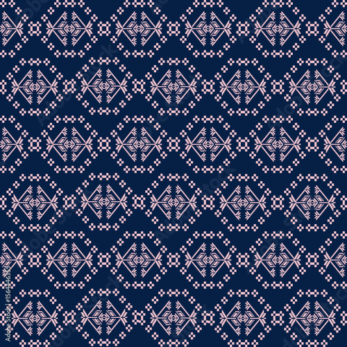 Thai Navy Blue Textile Pattern with Pink Geometric Motifs | Ethnic Fabric Design