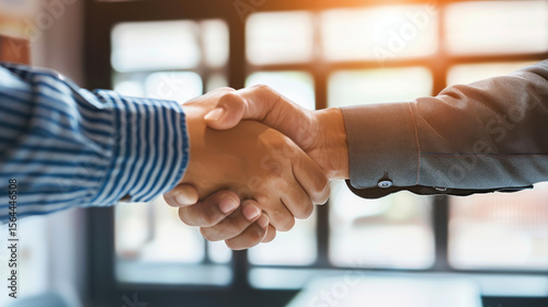 Two business professionals shaking hands in a modern office