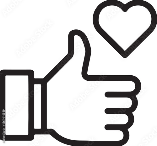 A black and white line art illustration of a hand giving a thumbs up with a heart above like approval